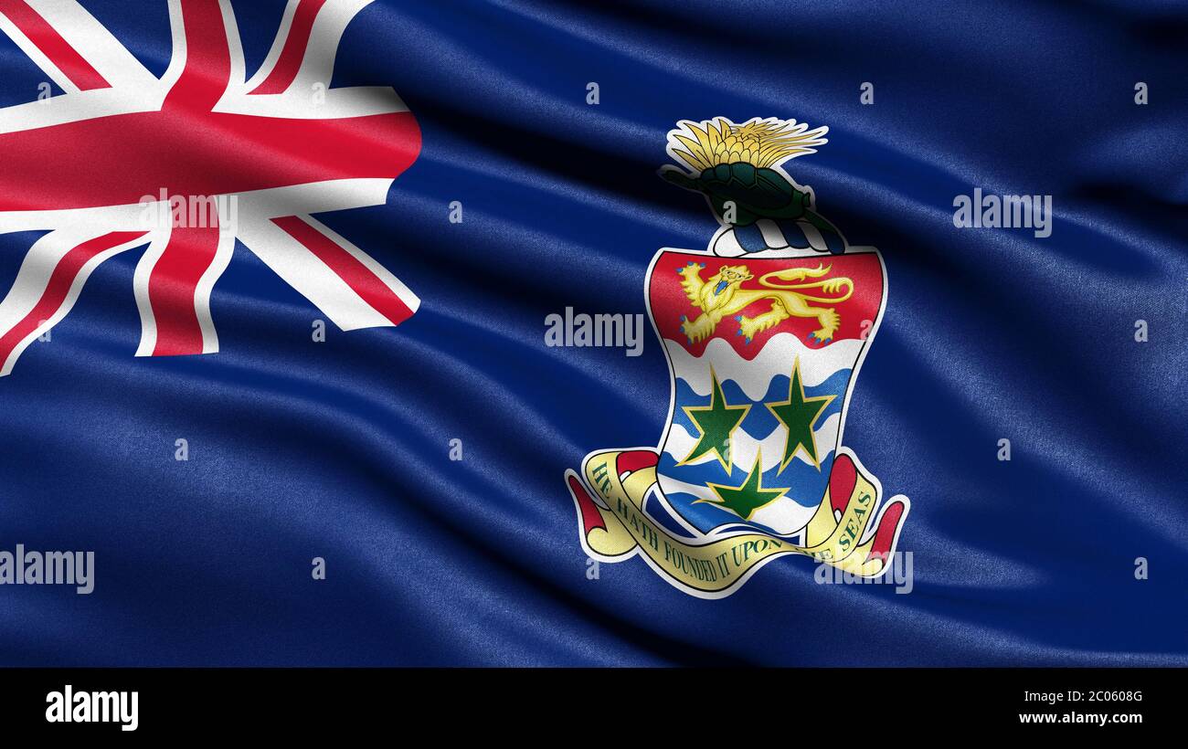 Illustrazione in 3D della bandiera delle Isole Cayman che sventolano nel vento Foto Stock
