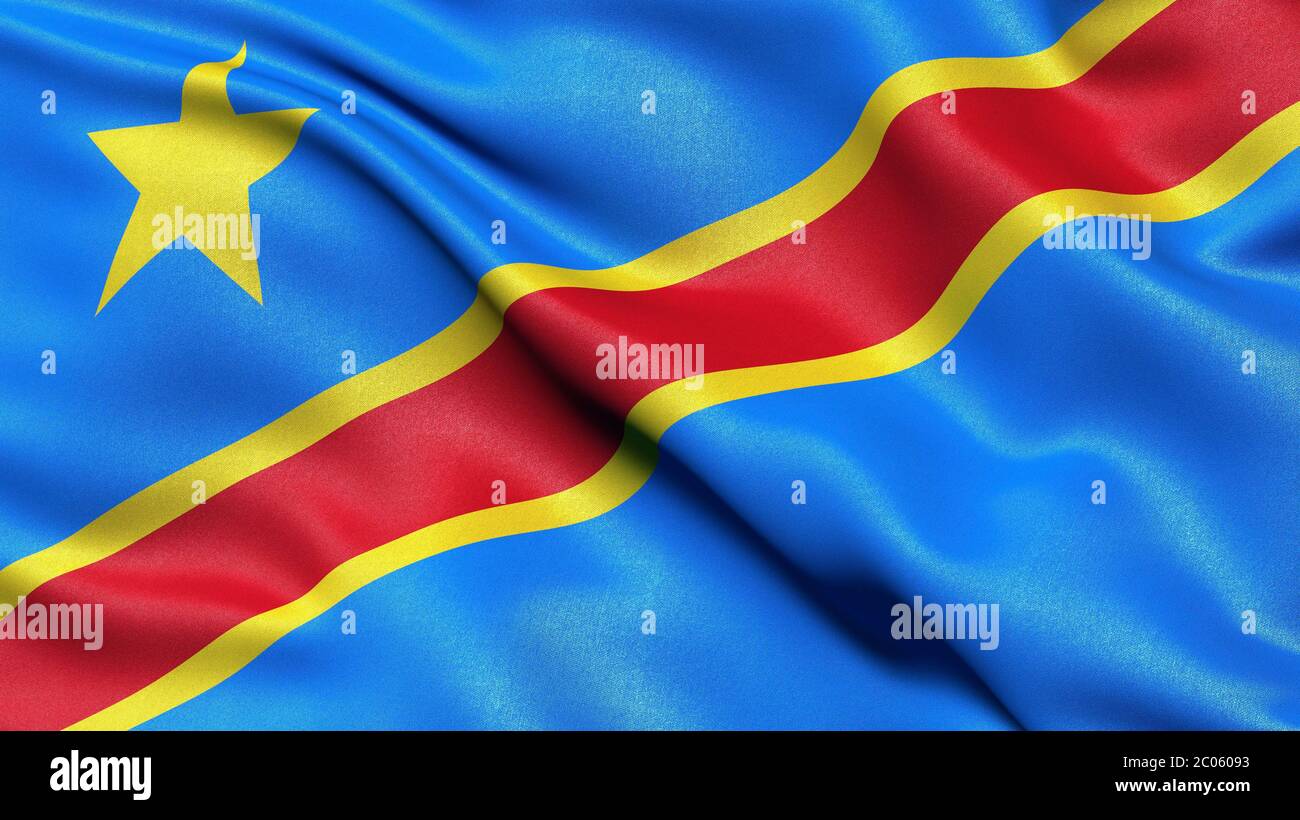 Immagine in 3D della bandiera della Repubblica Democratica del Congo che sventola nel vento Foto Stock