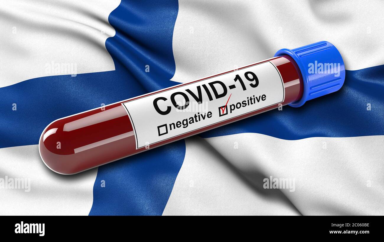 Bandiera della Finlandia che sventola nel vento con una provetta per analisi del sangue COVID-19 positiva, concetto di illustrazione 3D per gli esami del sangue per diagnosticare il nuovo virus della corona Foto Stock
