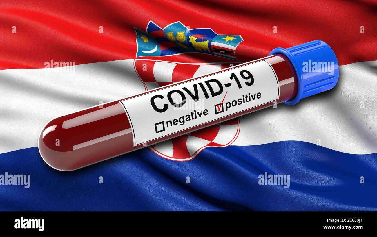 Bandiera della Croazia che sventola nel vento con una provetta per il test del sangue COVID-19 positiva, concetto di illustrazione 3D per gli esami del sangue per diagnosticare il nuovo coronavirus Foto Stock