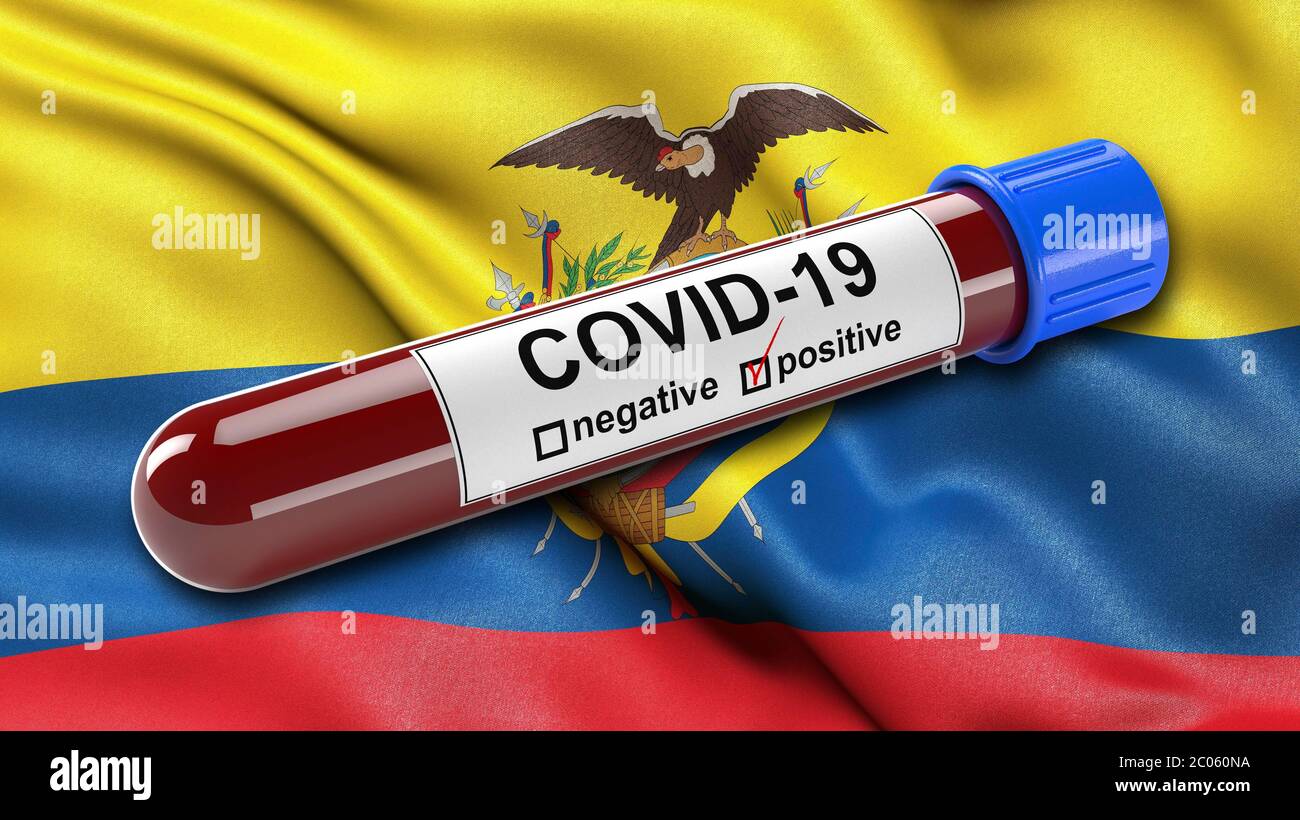 Bandiera dell'Ecuador che ondola nel vento con una provetta per il test del sangue COVID-19 positiva, concetto di illustrazione 3D per gli esami del sangue per diagnosticare il nuovo virus corona Foto Stock