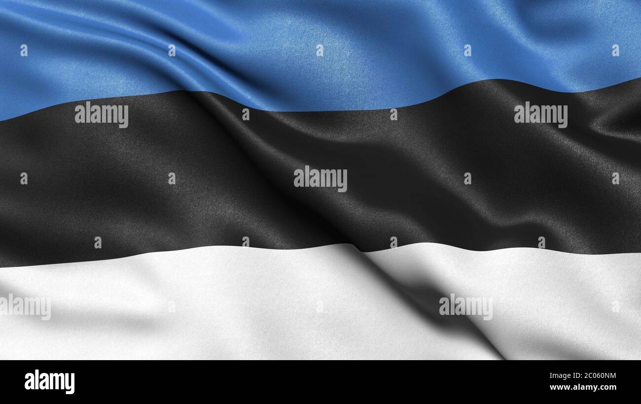 Rappresentazione in 3D della bandiera estone che soffia nel vento, Estonia Foto Stock