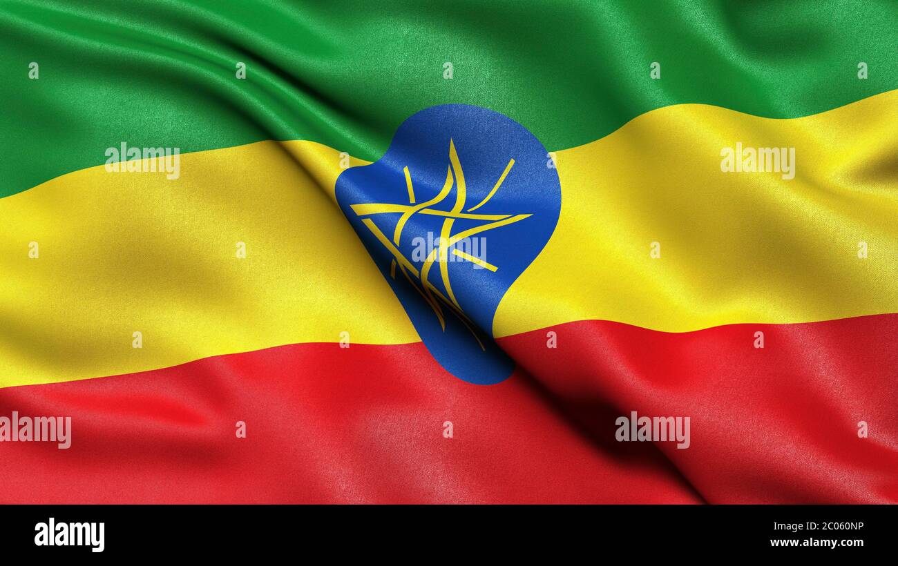 Rappresentazione 3D della bandiera etiope che sventola nel vento, Etiopia Foto Stock
