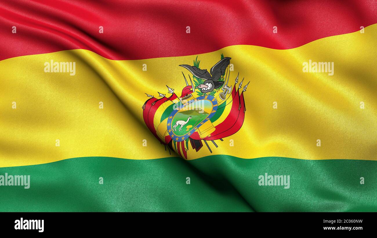 Rappresentazione 3D, bandiera boliviana sventolante della Bolivia Foto Stock