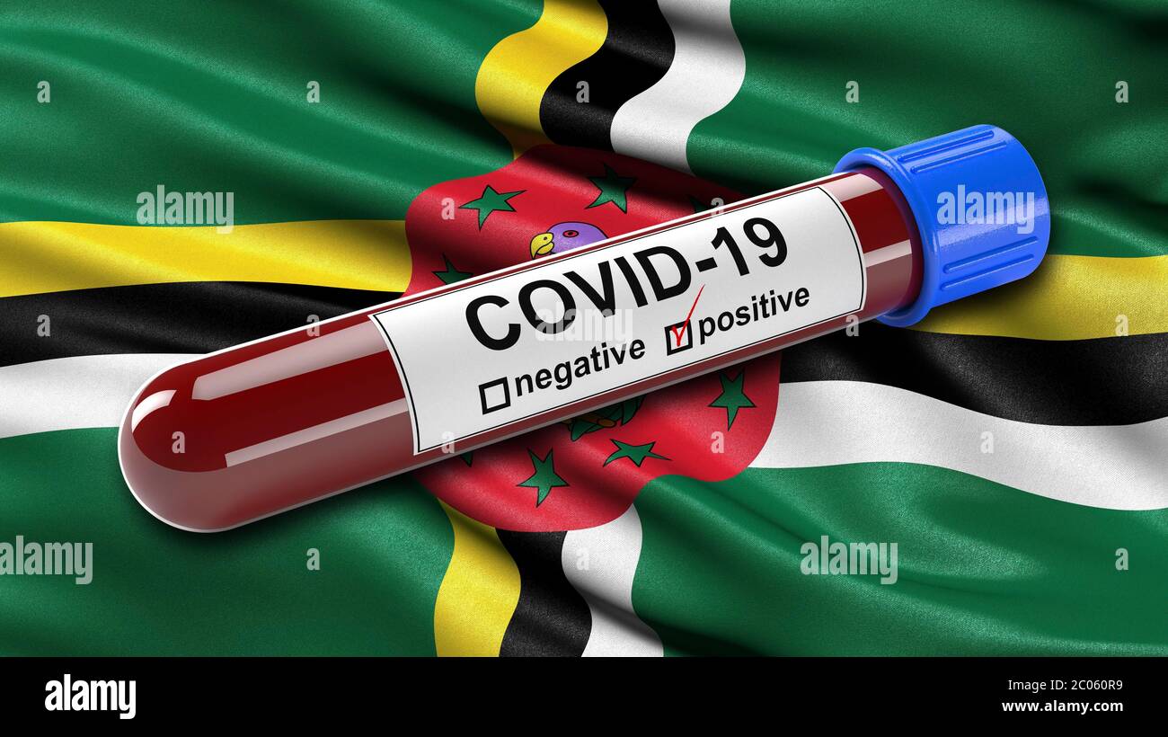 Bandiera di Dominca che ondeggiava nel vento con una provetta per analisi del sangue Covid-19 positiva, concetto di illustrazione 3D per gli esami del sangue per diagnosticare il nuovo coronavirus Foto Stock
