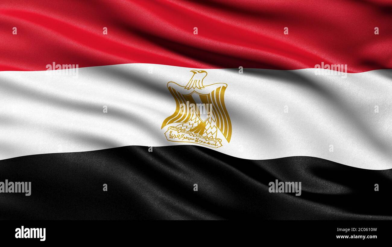 Rappresentazione 3D della bandiera egiziana che sventola nel vento, Egitto Foto Stock