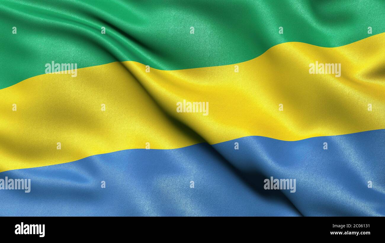 Rappresentazione 3D della bandiera gabonese che svanita nel vento, Gabon Foto Stock