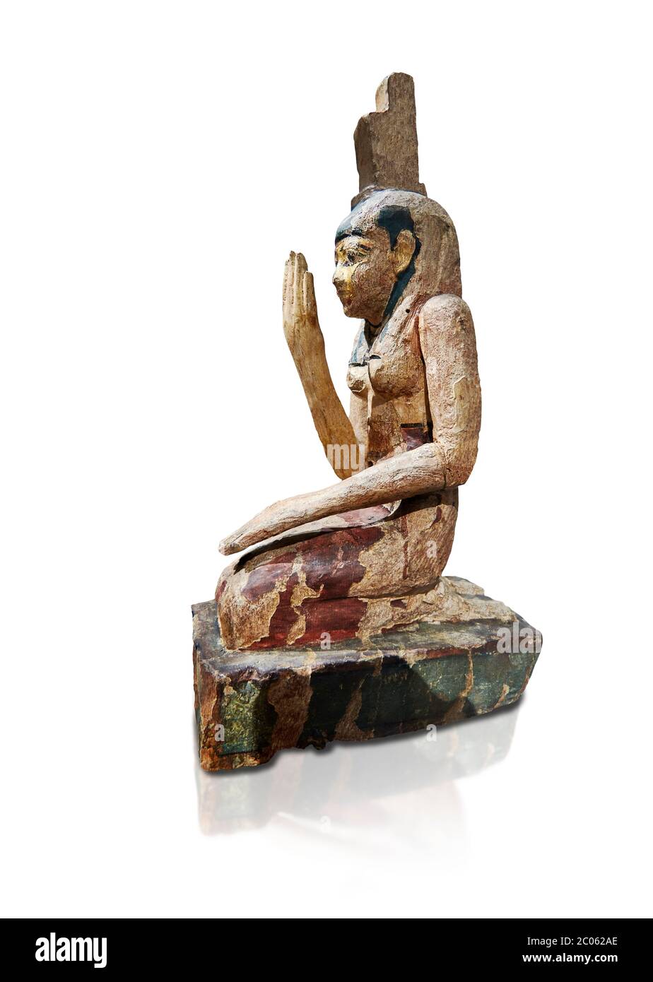 Antica statua egiziana in legno di osiride piangente, tardo periodo (664-332 a.C.). Museo Egizio, Torino. Drovetti Cat 203. Sfondo bianco. Foto Stock