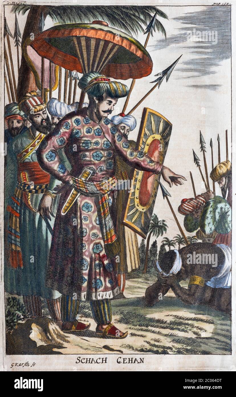 Mogul Shah Jehan, incisione su copperplate di Olfert Dapper, da Descrizione dettagliata dell'Impero del Grande Mogol, Norimberga, Germania, 1681 Foto Stock Mogul Shah Jehan, incisione su copperplate di Olfert Dapper, da Descrizione dettagliata dell'Impero del Grande Mogol, Norimberga, Germania, 1681 Foto Stock