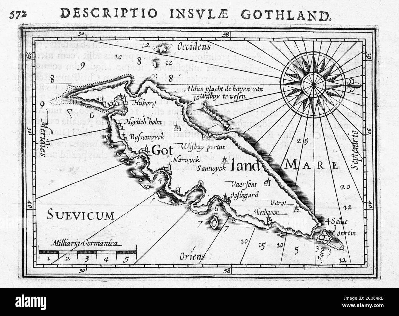 Gotland, carta incisa in rame di Petrus Bertius e Jodocus Hondius, 1616, Amsterdam, Paesi Bassi Foto Stock