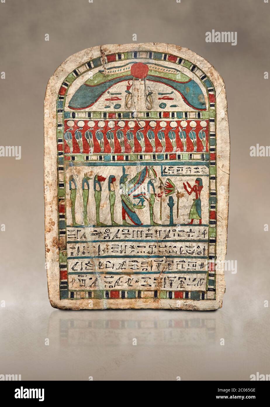 Antica stele egiziana dedicata a Re-Harakhty di Irtiertjay, tardo periodo, 25 dinastia, (7620-580 a.C.), Tebe, Cat 1530. Museo Egizio, Torino. Foto Stock