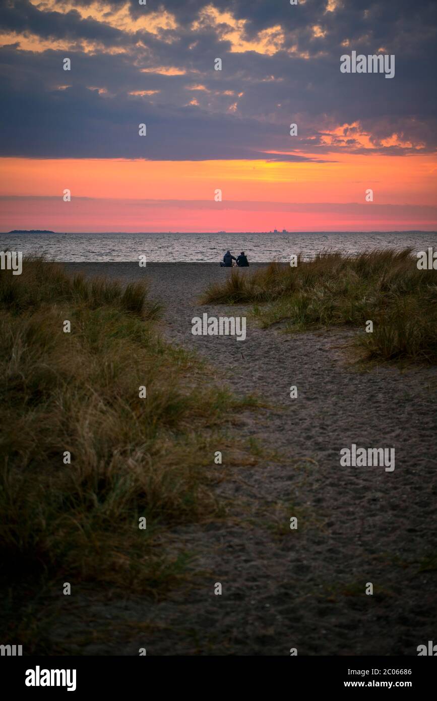 Coppia seduta sulla spiaggia, paesaggio di spiaggia con erba duna, Alba sul mare, Amager Strand, Copenhagen, Danimarca Foto Stock