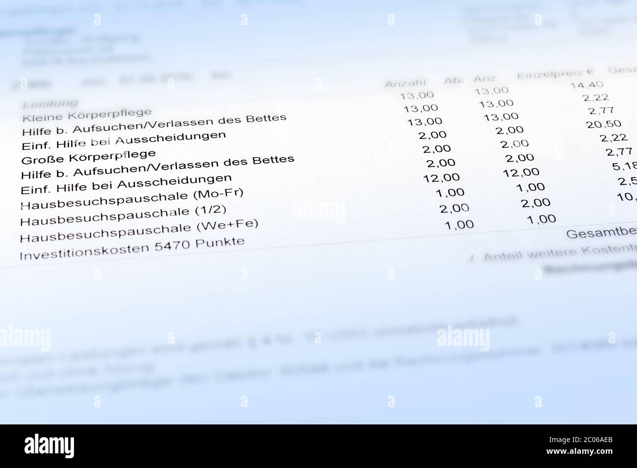 Fattura o fattura da un servizio di cura di cura tedesco per un ambulatoriali: Abrechnung vom pflegedienst. Foto Stock