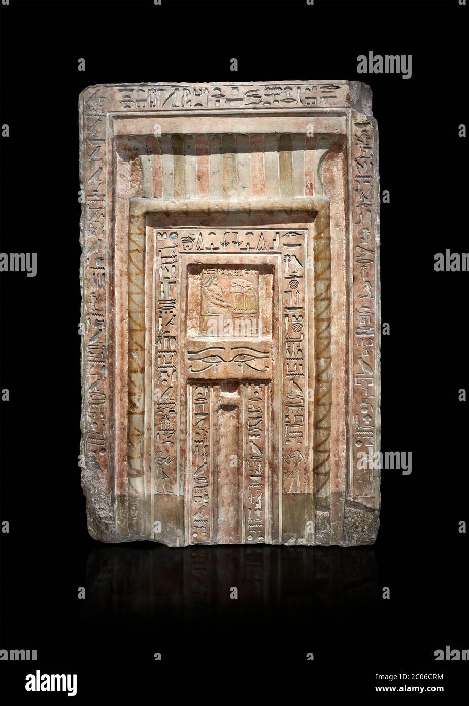 Antica stele Egiziana Falso porta di Chamberlain Hornakht, figlio di Mera, srimestone, Regno di mezzo, XII dinastia (1939-1759 a.C.), Museo Egizio Foto Stock