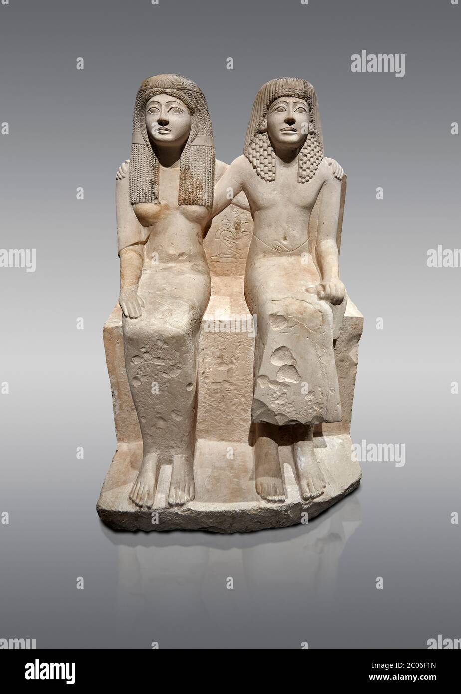 Antica statua romana di Pendua e sua moglie Nefertari, calcare, nuovo Regno, 19 ° dinastia, (1292-1186 AC), Deir-el-Medina, Tebe. Museo Egizio, Foto Stock