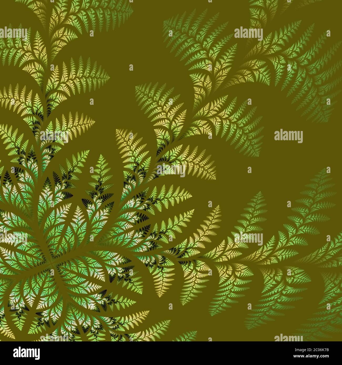 Favoloso modello asimmetrico delle foglie in verde. Grafica generata dal computer. Foto Stock