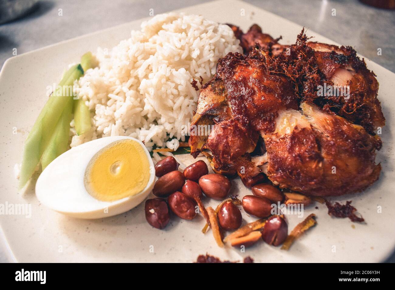 Pollo speziato malese con uovo e piatto di arachidi Foto Stock