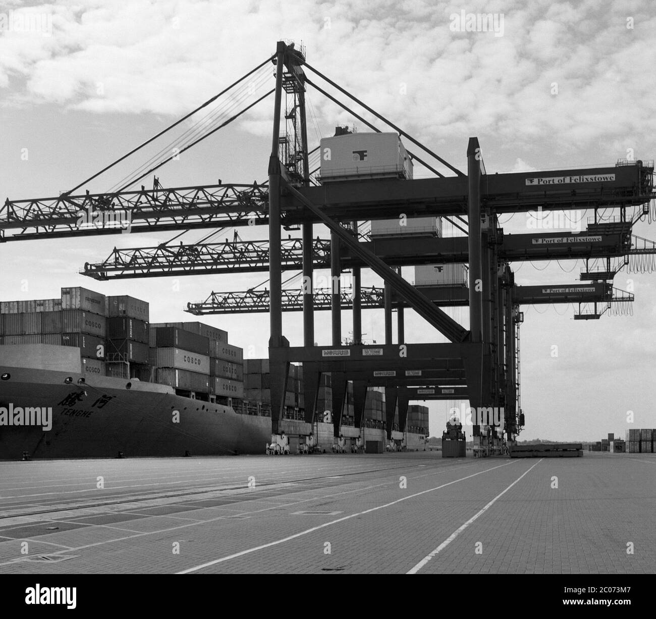 Carico e scarico dei container nel porto di Felixstowe, East Anglia, Inghilterra orientale, Regno Unito Foto Stock