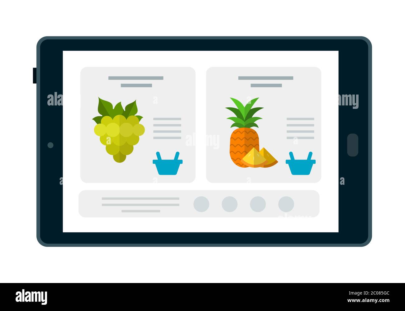 Scheda prodotto con immagini nell'app mobile su tablet vettore ad icona piatta isolato Illustrazione Vettoriale