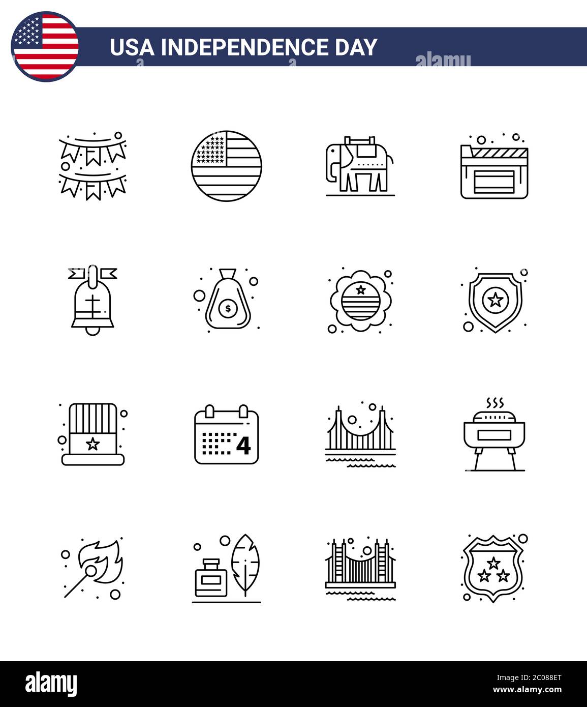 Confezione icone vettoriali per American Day 16 simboli e insegne per american; Ball; usa; film; Cinema Editable USA Day Vector Design Elements Illustrazione Vettoriale