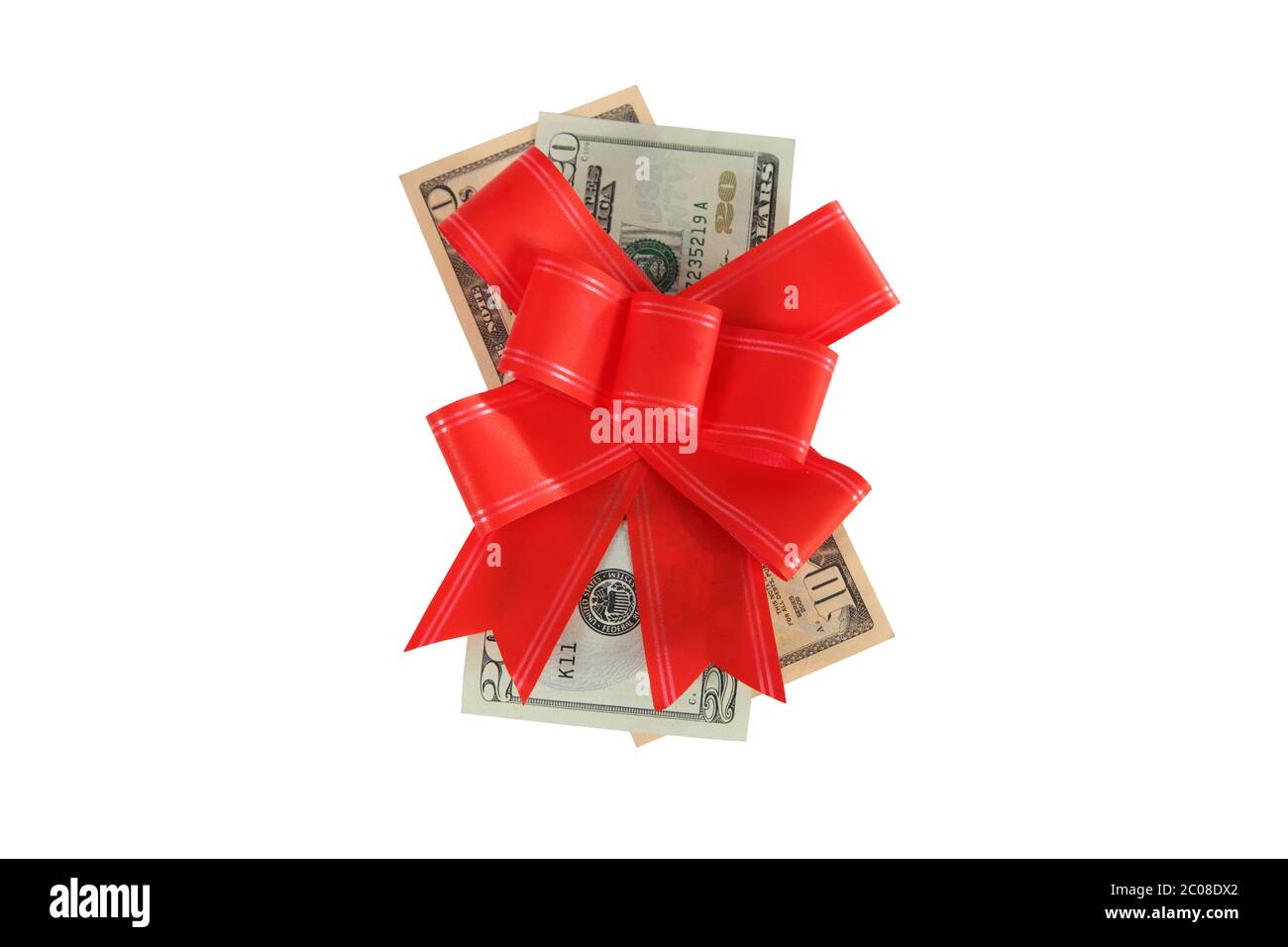 Dollari sotto un arco rosso su bianco Foto Stock