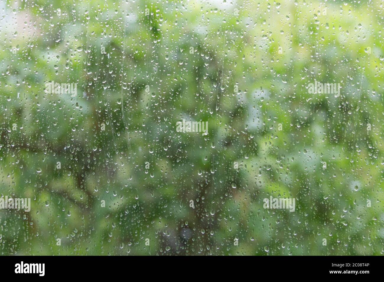 Gocce di pioggia su un pannello di finestra dall'interno di una casa. Foto Stock