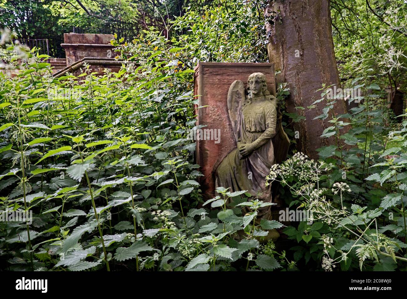Memorial con angelo in un cimitero di Dalry, Edimburgo, Scozia, Regno Unito, sopravorto e trascurato. Foto Stock