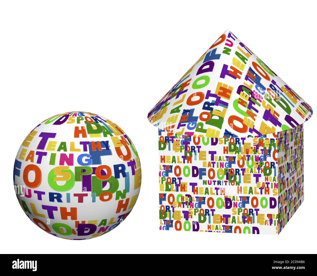 Immagine concettuale di una nuvola di tag, espressa come forme geometriche: Una sfera, una scatola, un cilindro e un cono Foto Stock