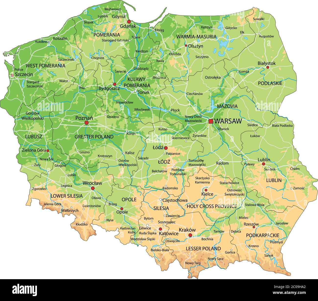 Mappa fisica della Polonia con etichettatura Immagine e Vettoriale - Alamy