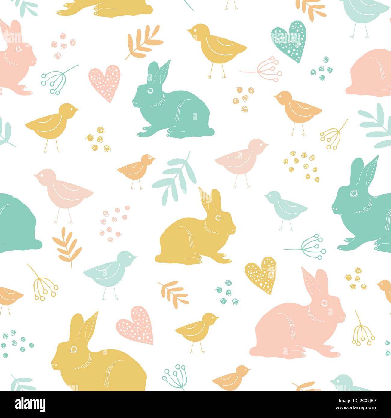 Ripetizione senza cuciture con pollo e coniglietti. Perfetto per decorazioni pasquali, tessuti e disegni di avvolgimento. Illustrazione Vettoriale