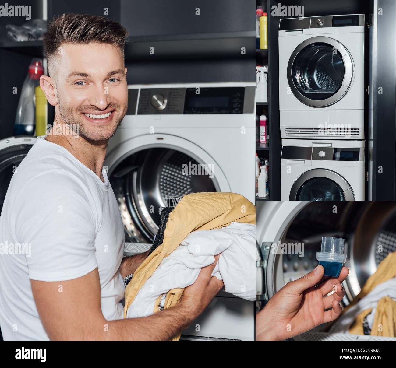 collage di uomo allegro che tiene vestiti sporchi e misurino con detersivo vicino alle lavatrici Foto Stock