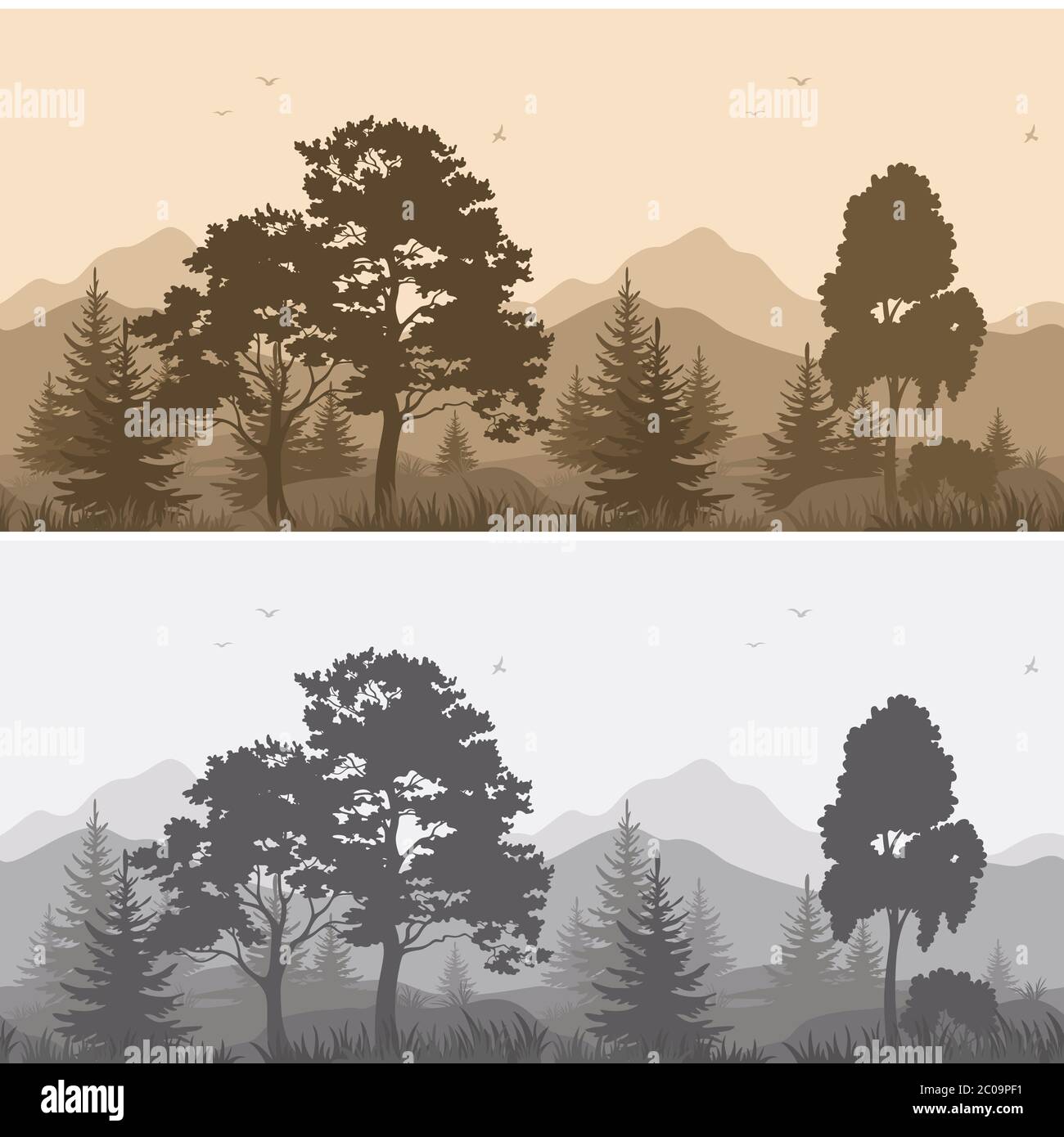 Seamless paesaggio di montagna con alberi sagome Foto Stock
