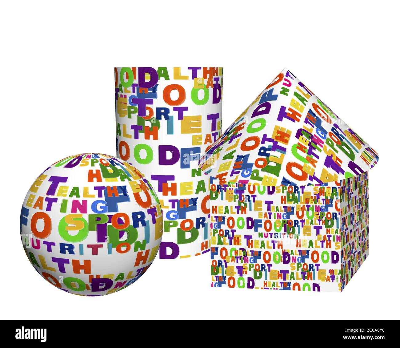 Immagine concettuale di una nuvola di tag, espressa come forme geometriche: Una sfera, una scatola, un cilindro e un cono Foto Stock