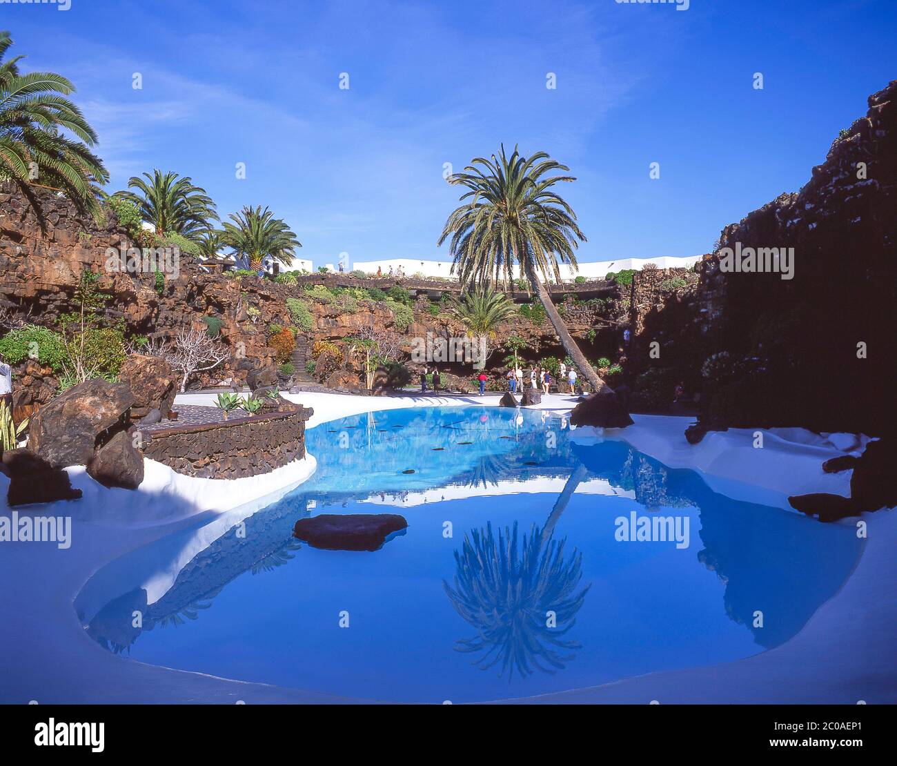 Piscina verde smeraldo, Jameos del Agua, vicino a Haria, Lanzarote, isole Canarie, Spagna Foto Stock