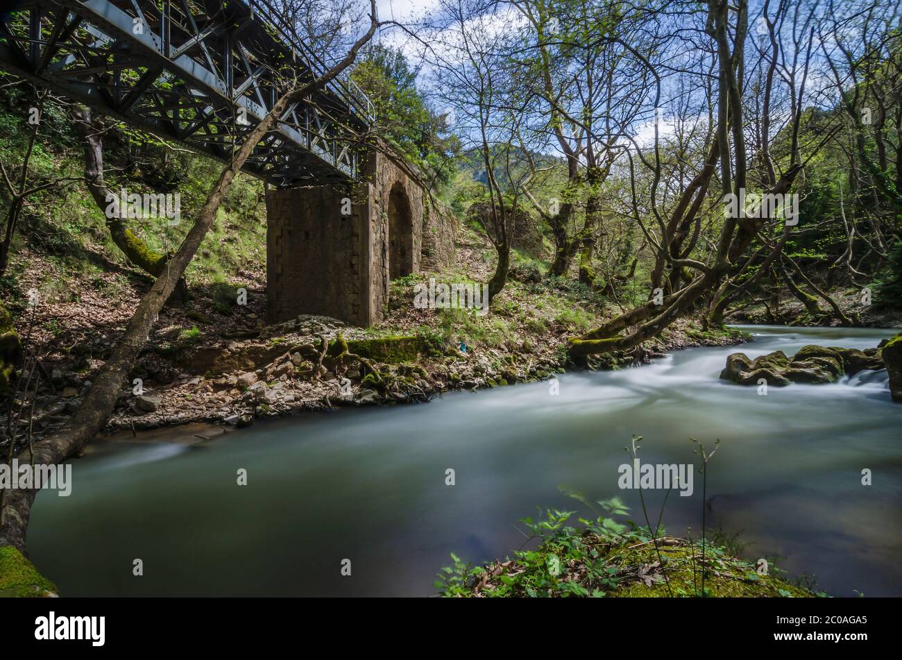 Il fiume Vouraikos scorre sotto il ponte dove passa il treno a cremagliera 'Odontotos'. Bella natura circonda il fiume e il ponte Foto Stock