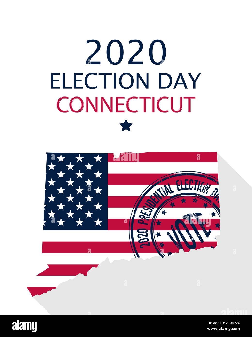 2020 Stati Uniti d'America Presidente elezione Connecticut modello vettore. Bandiera USA, timbro di voto e silhouette Connecticut Illustrazione Vettoriale