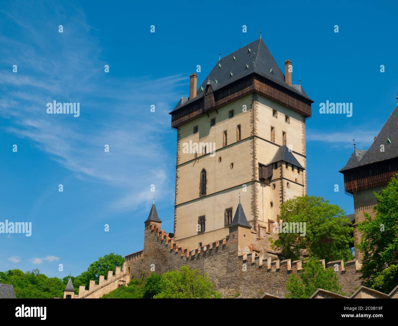 Grande Torre del Castello reale di Kalstejn, castello gotico nella Boemia Centrale, Repubblica Ceca Foto Stock