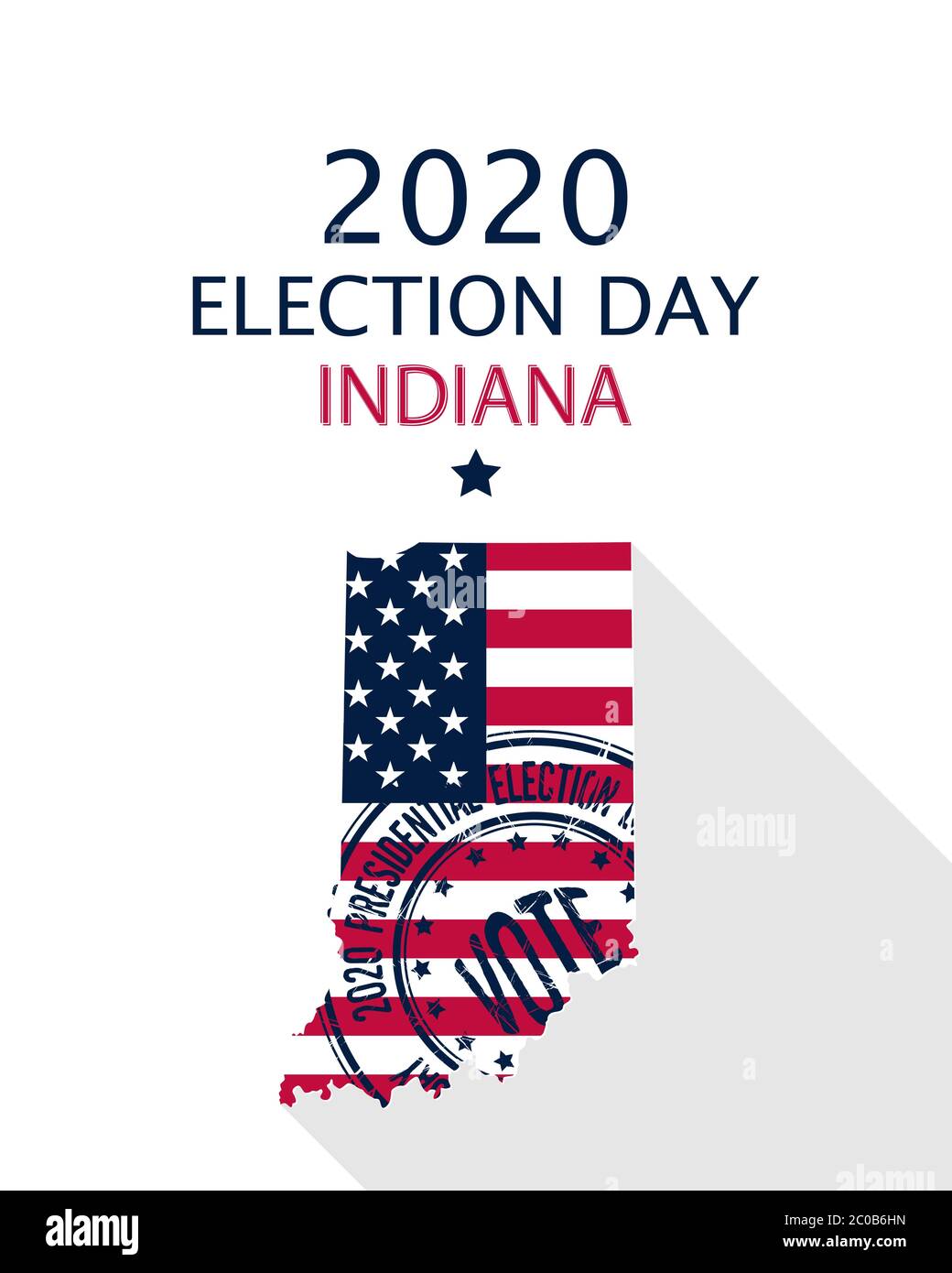 2020 Stati Uniti d'America elezione presidenziale Indiana modello vettoriale. Bandiera degli Stati Uniti, timbro di voto e silhouette dell'Indiana Illustrazione Vettoriale