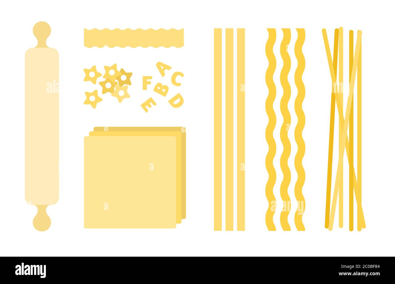 Imposta icone vettoriali per pasta di diversi tipi in un design piatto. Illustrazione Vettoriale