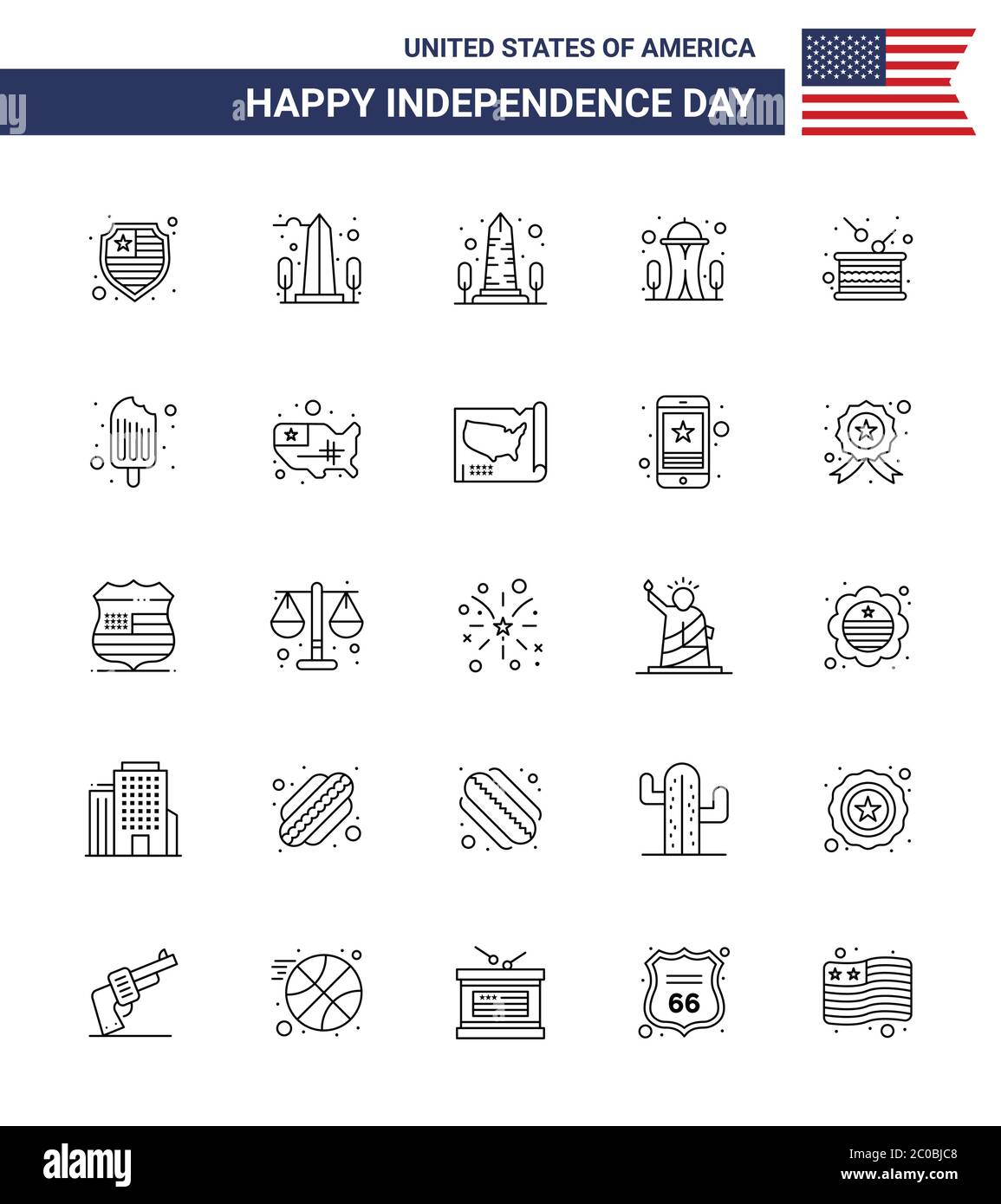 Happy Independence Day Pack di 25 linee segni e simboli per il freddo; indipendenza; costruzione; festa; giorno editabile USA Day Vector Design Elements Illustrazione Vettoriale