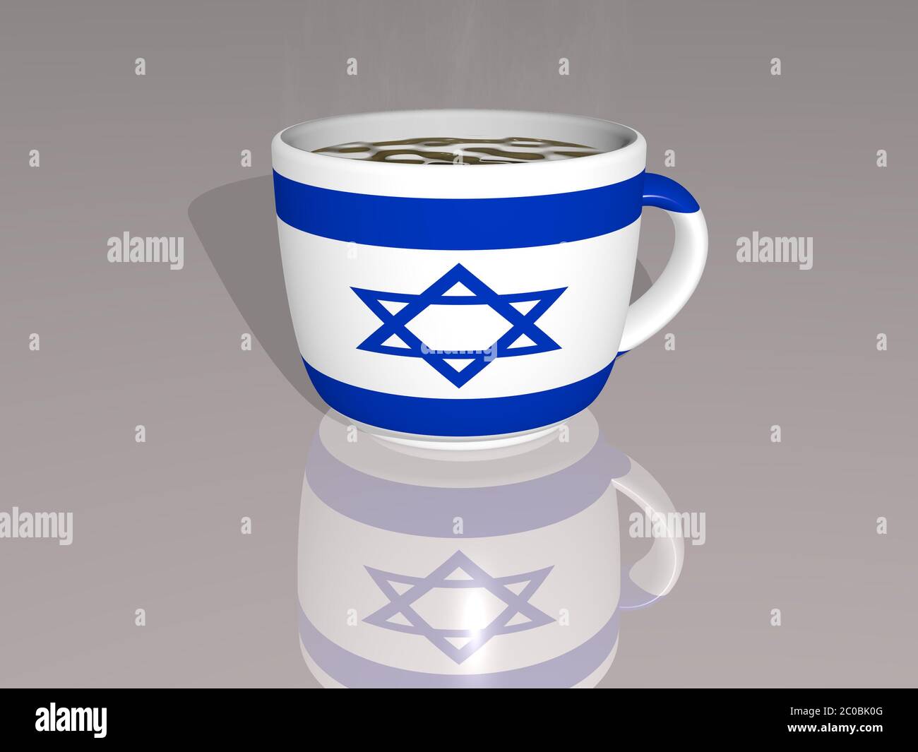 Israele ha messo su una tazza di caffè caldo specchiato sul pavimento in un'illustrazione 3D con prospettiva realistica e ombre Foto Stock