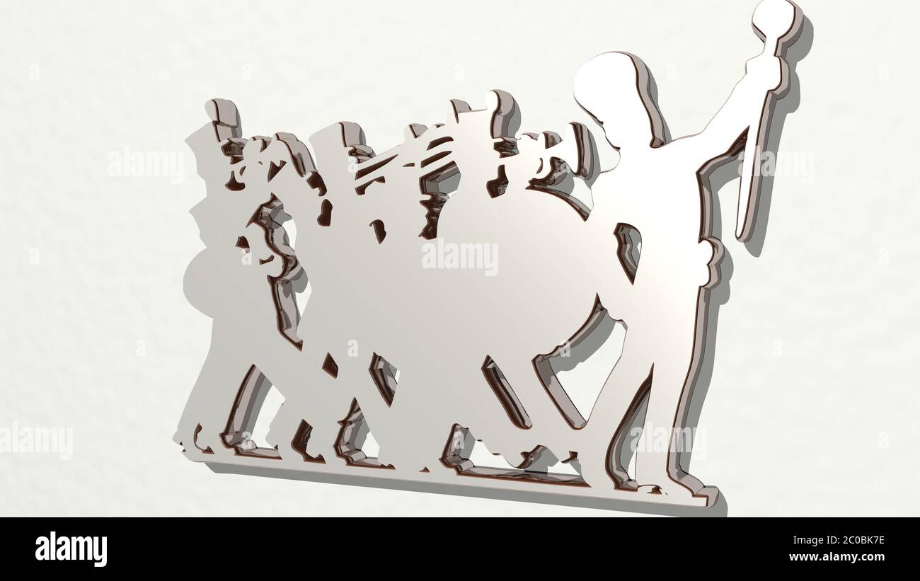 Musicisti dell'esercito che si esibiscono insieme con l'illustrazione 3D di una scultura metallica lucida su una parete con sfondo chiaro Foto Stock