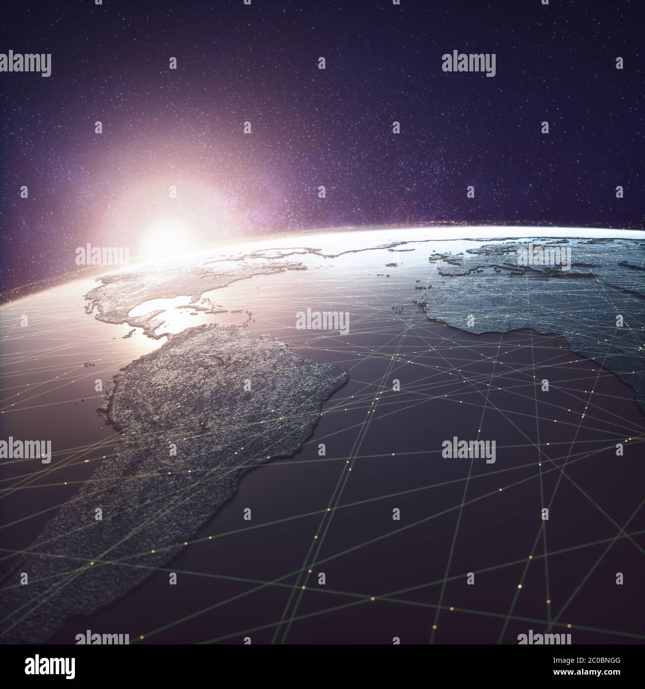 Mondo globalizzato, tecnologia digitale. Connessioni e cloud computing nel mondo virtuale. Mappa del mondo con collegamenti dati satellitari. Connettività c.a. Foto Stock