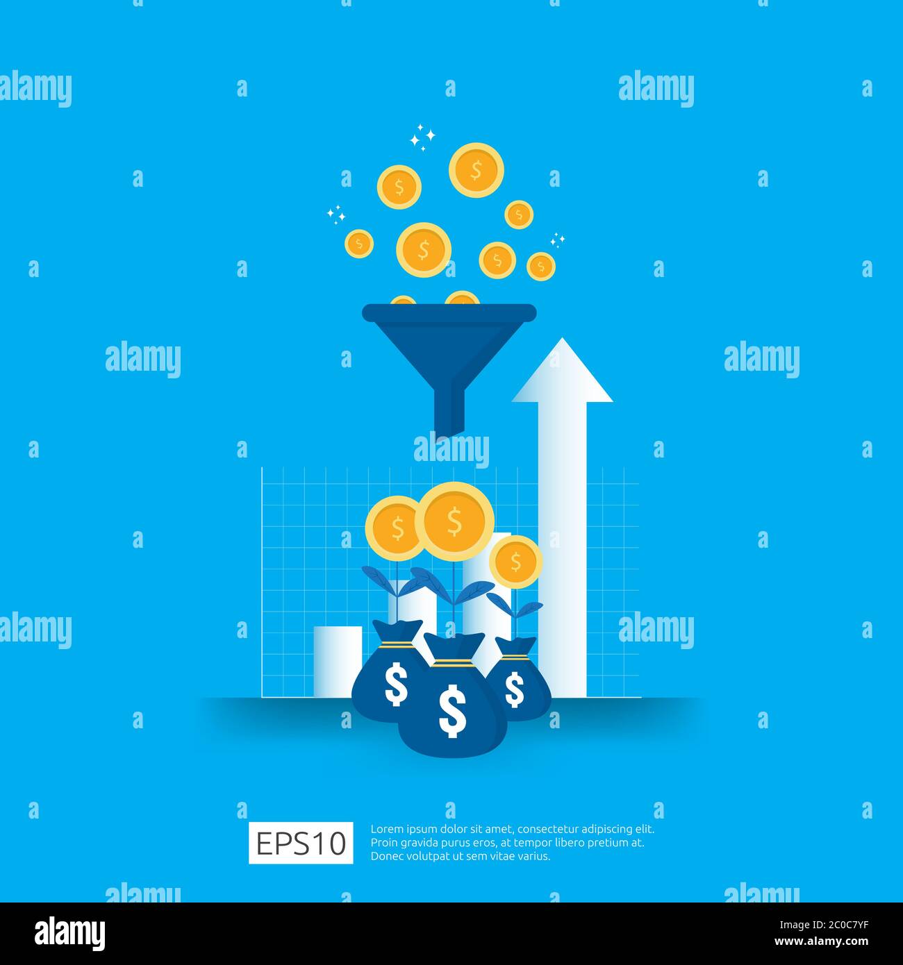 raccolta dati di informazioni sul concetto di filtro con imbuto, denaro e elemento oggetto grafico. analisi di marketing digitale per il concetto di strategia aziendale. Illustrazione Vettoriale