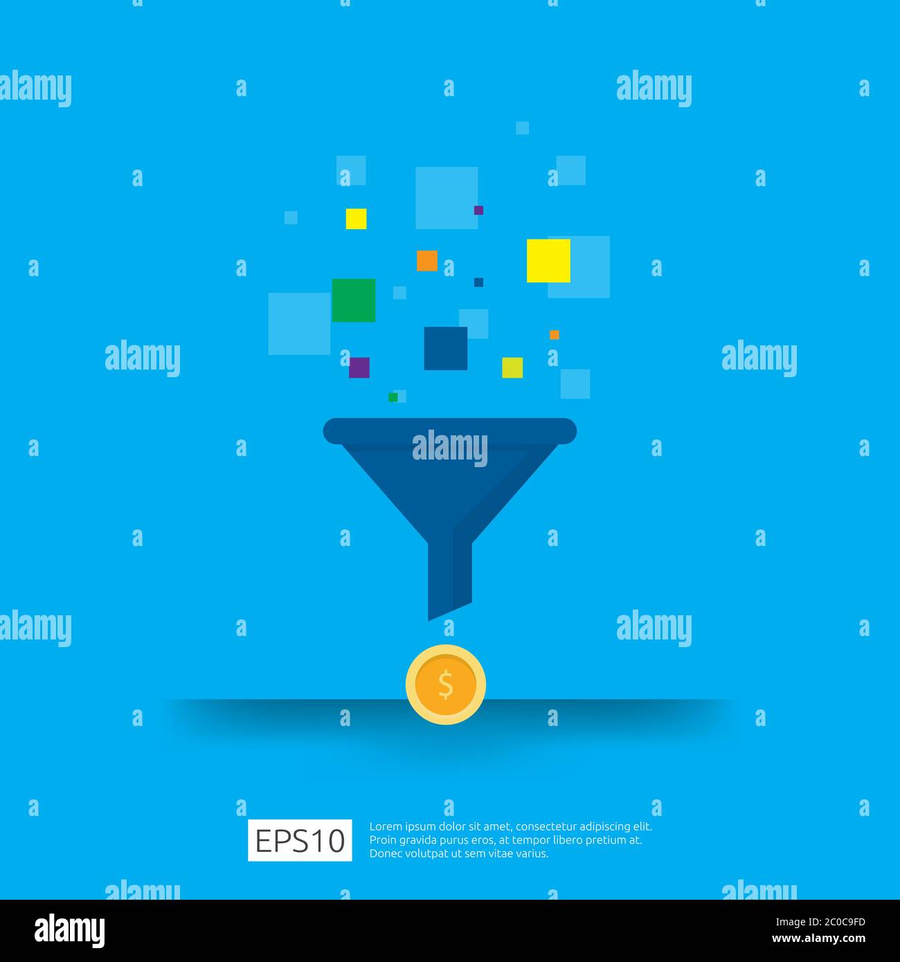 raccolta dati di informazioni sul concetto di filtro con imbuto, denaro e elemento oggetto grafico. analisi di marketing digitale per il concetto di strategia aziendale. Illustrazione Vettoriale