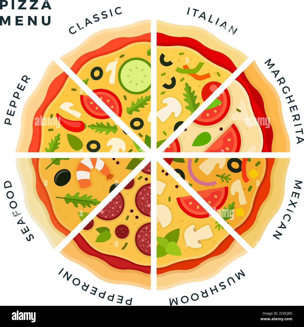 Illustrazione vettoriale di diversi tipi di fette di pizza. Ristorante pizza menu italiano, margarita, messicano, funghi, pepperoni, frutti di mare, pepe Illustrazione Vettoriale