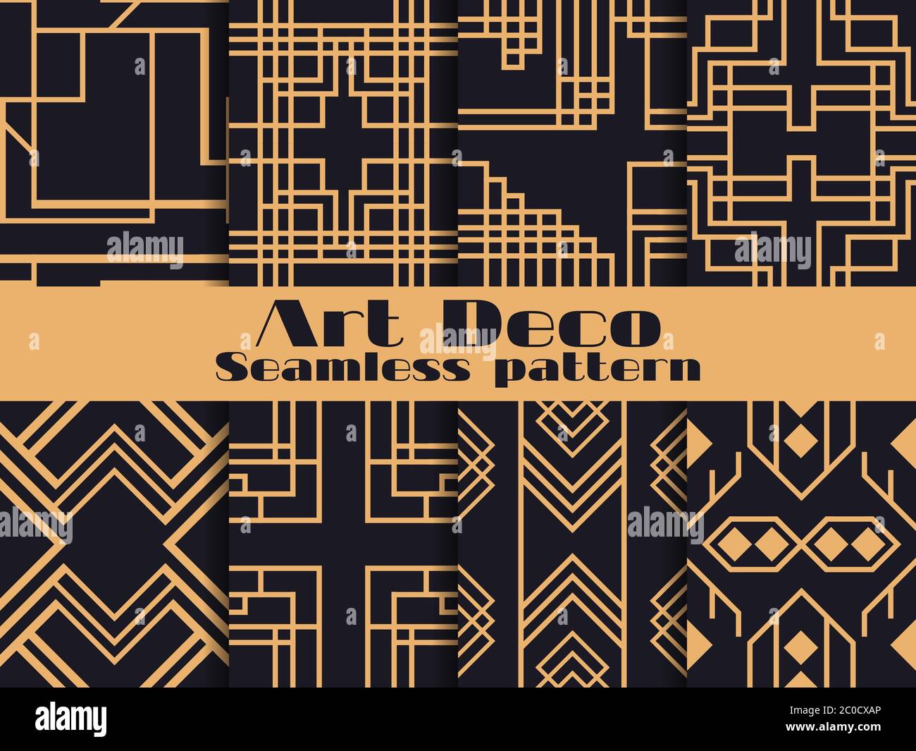 Set art deco di motivi senza cuciture. Sfondi retrò, colore oro e nero. Stile anni '20, '30. Linee e forme geometriche. Illustrazione vettoriale Illustrazione Vettoriale