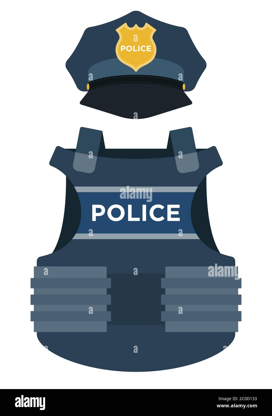 Elemento uniforme di un cappuccio di polizia e di un'icona vettore armatura corpo isolato. Illustrazione Vettoriale