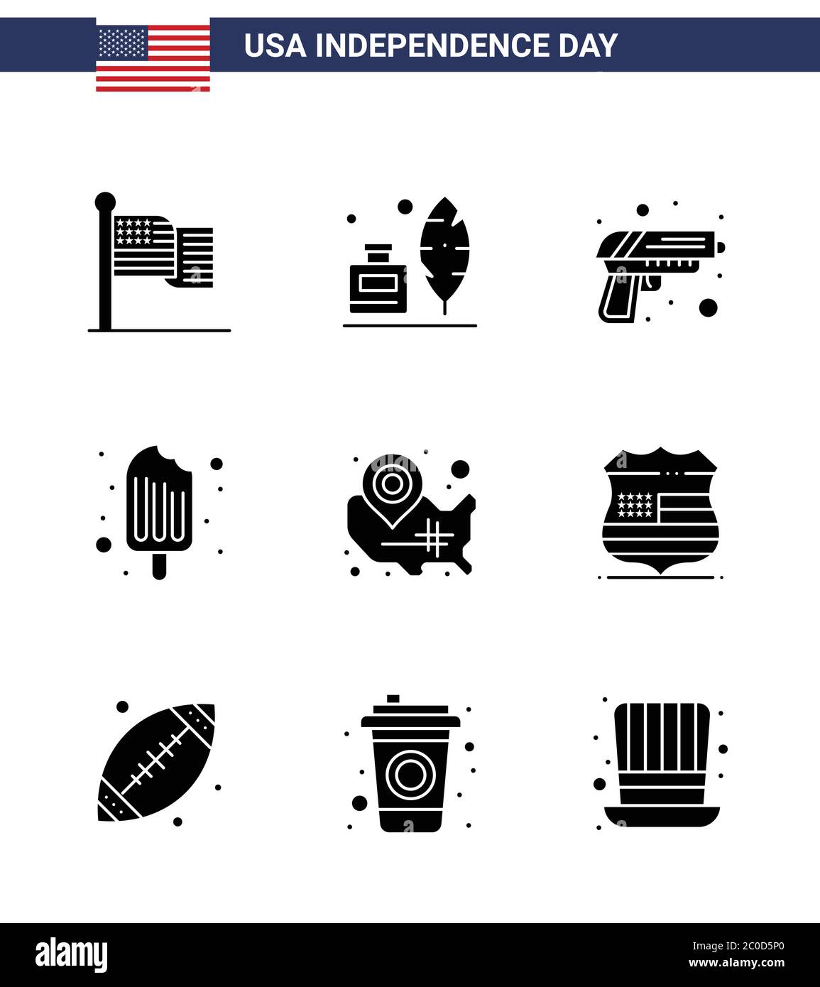 Confezione di glyph solido di 9 simboli degli stati Uniti del giorno dell'indipendenza; gelato; pistola; cibo; elementi di disegno vettoriale del giorno degli Stati Uniti editabili a freddo Illustrazione Vettoriale