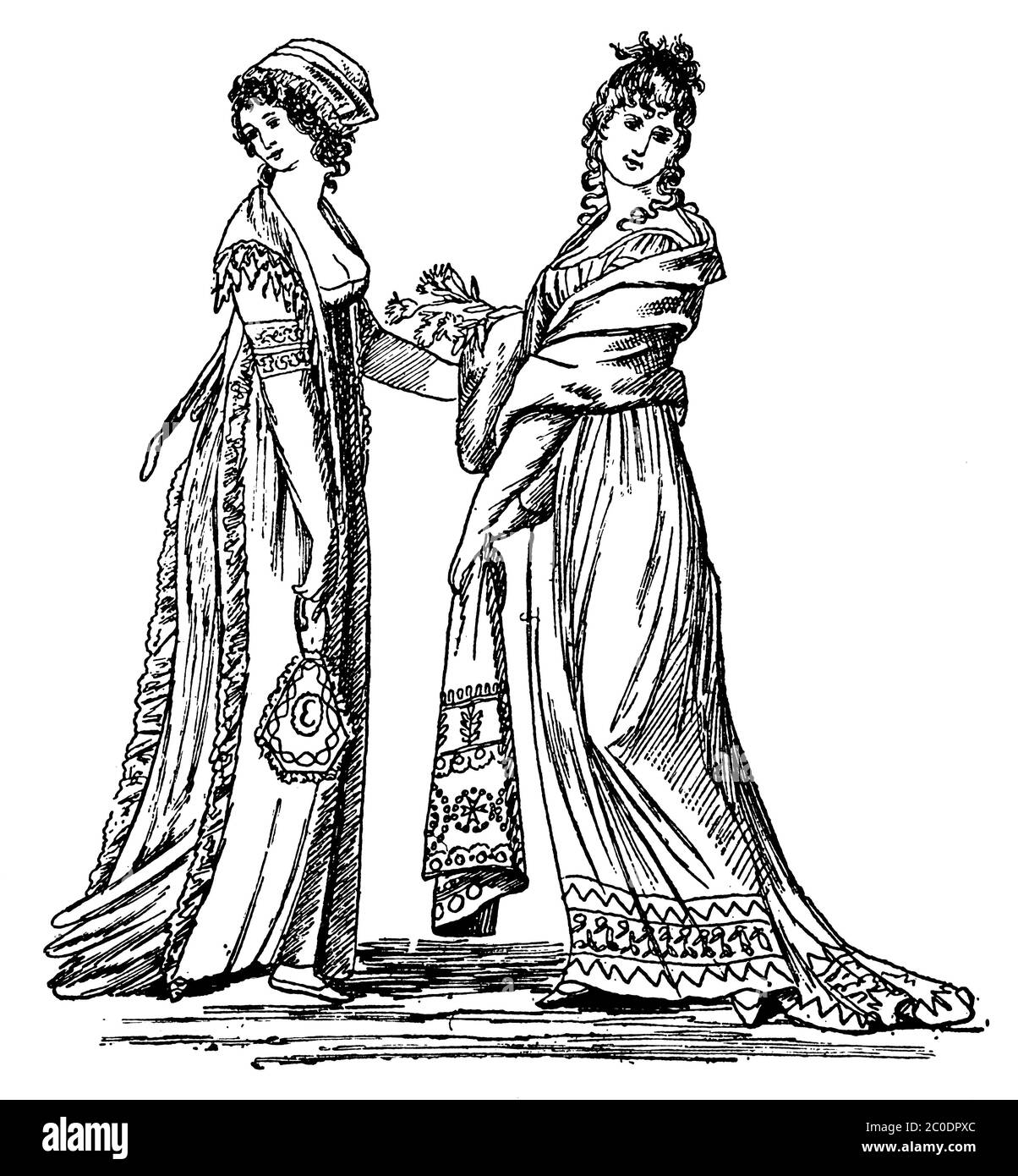 Donne Moda, 1801. Illustrazione del 19 ° secolo. Sfondo bianco. Foto Stock